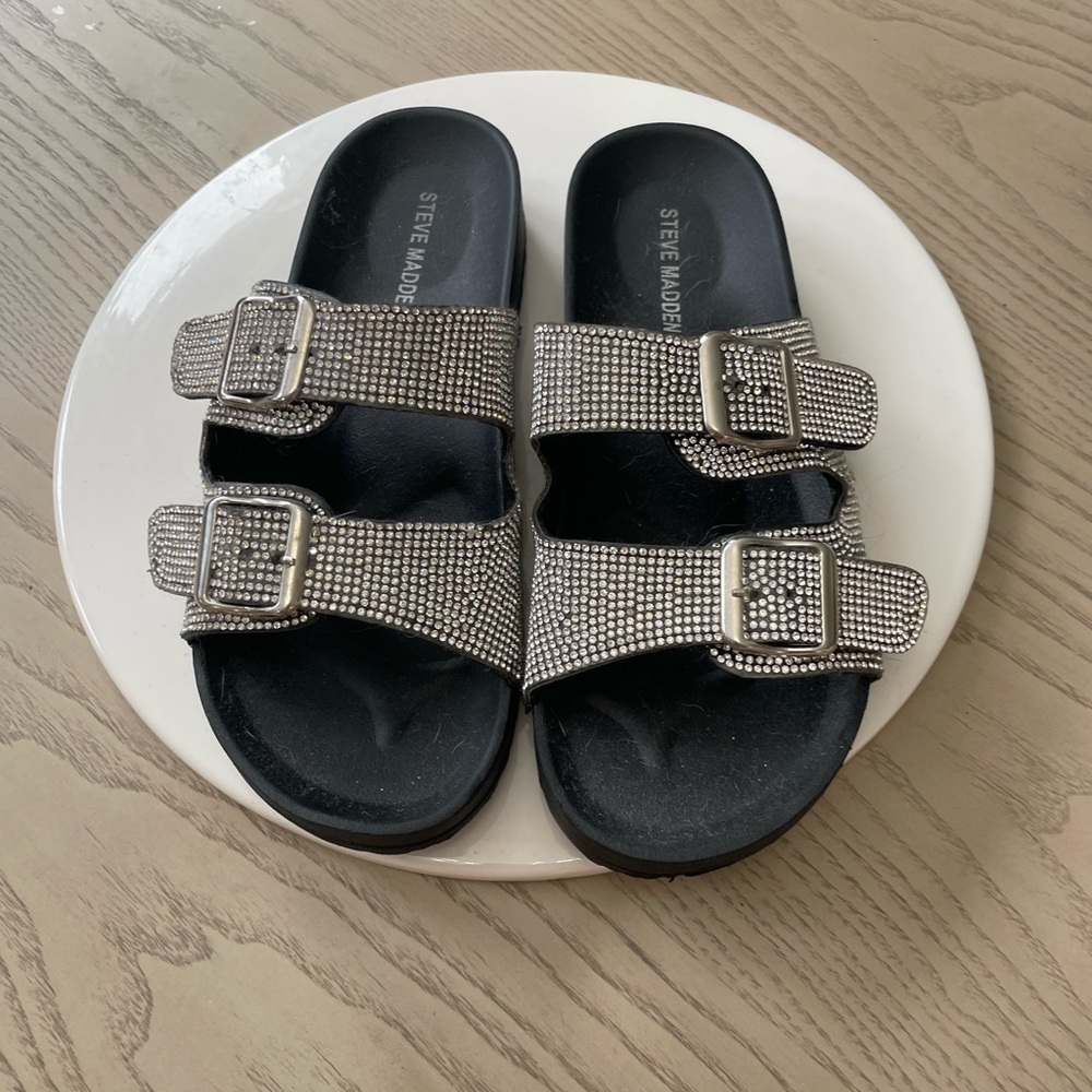 Steve Madden Black Sandals with Rhinestone Buckles
